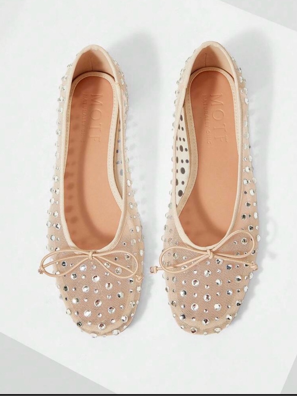 MOTF Blush Nude Crystal-Studded Mesh Ballet Flats with Bow - Picture 2 of 7